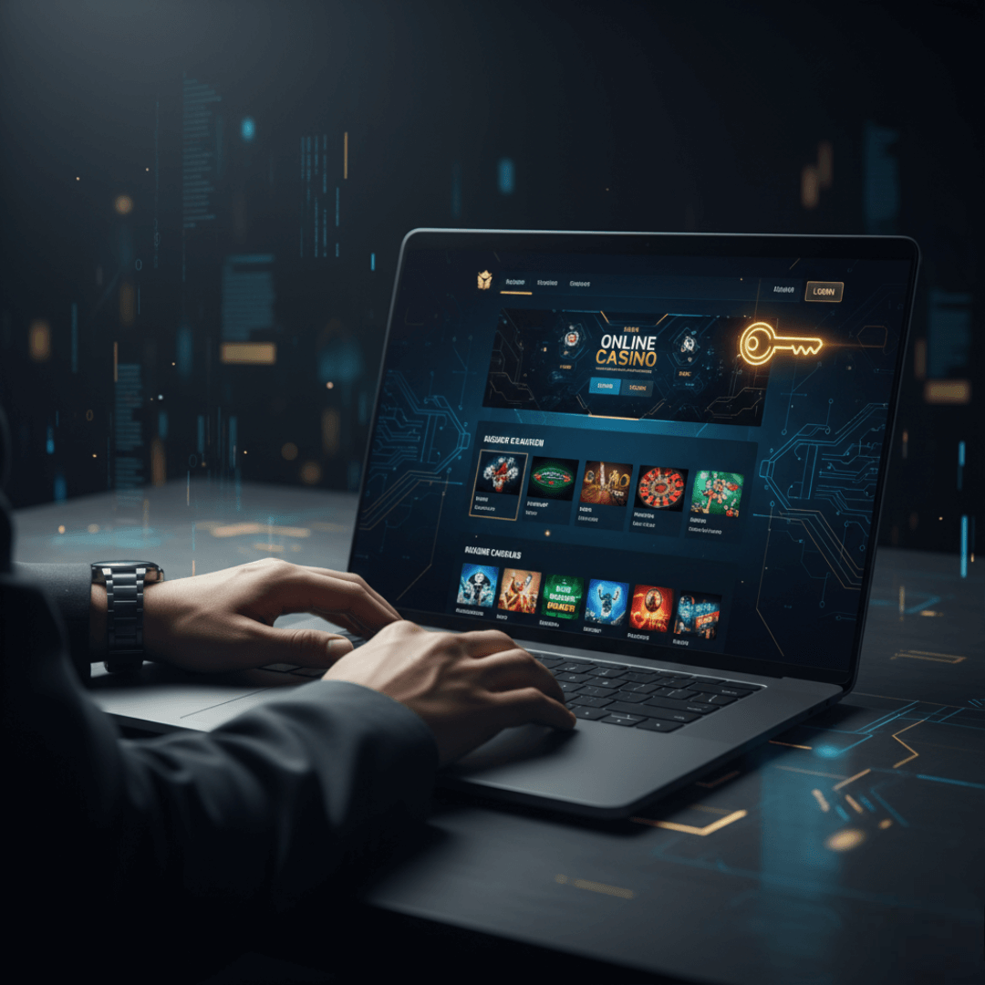 Tangan seorang profesional dengan percaya diri menggunakan laptop yang menampilkan antarmuka casino online dan ikon kunci yang bersinar, melambangkan akses login yang aman.