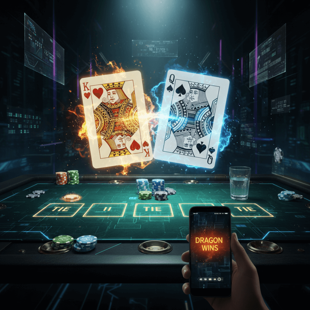 Meja permainan Dragon Tiger dengan smartphone yang menampilkan ikon link alternatif aman.