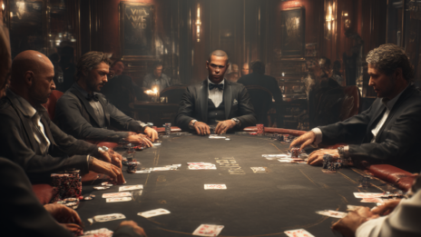 Ilustrasi realistis meja poker high roller di Win11bet dengan pemain VIP, kartu, dan chip poker