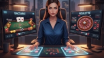 Pemain live casino online bermain di meja digital dengan kartu dan chip