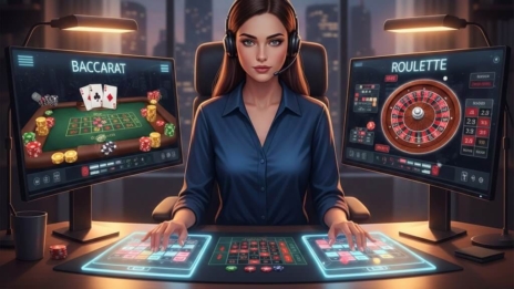 Pemain live casino online bermain di meja digital dengan kartu dan chip
