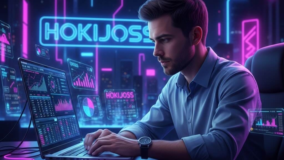Pemain togel online pemula di Hokijoss belajar menganalisis angka menggunakan laptop dengan grafik dan tabel data digital