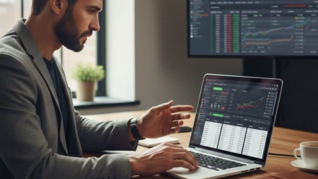 Bettor profesional menganalisis tiket parlay sepak bola di laptop dengan grafik statistik dan odds real-time